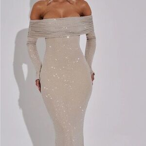 BABY BOO - ShowSTOPPER Nude/Cream Sequin Off-Shoulder Long Sleeve Bodycon Dress